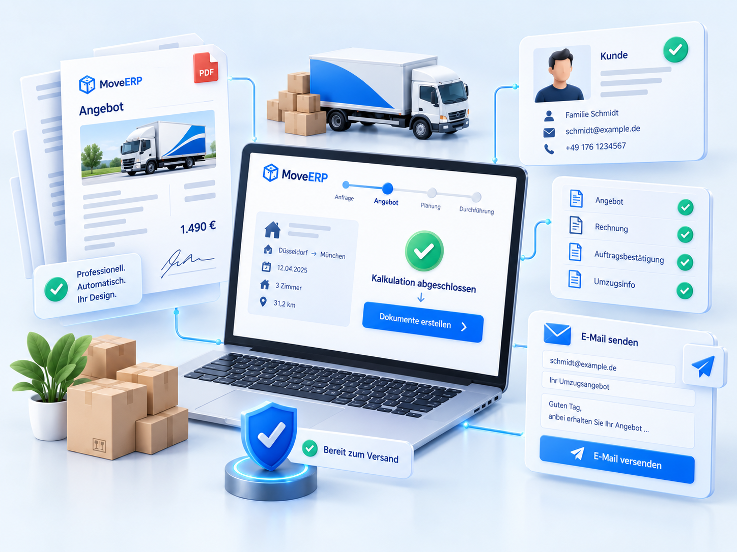 3D Darstellung von Angebot, Dokumenten und E-Mail-Versand in MoveERP